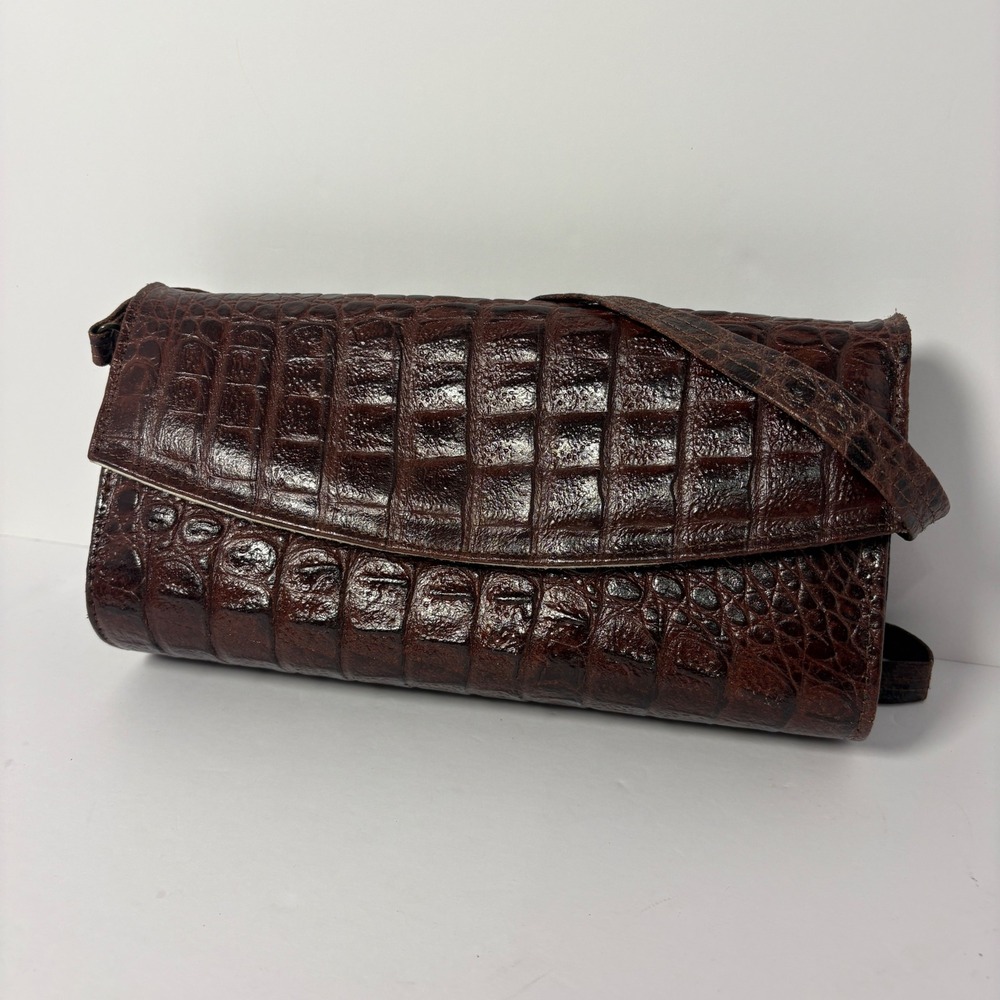 VEARI Brown Crocodile Texture Leather Shoulder Bag Vtg Flap Purse Western Lux